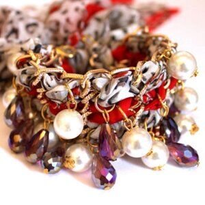 Leopard Red Black White Tie Wrap Bracelet or Choker Pearl Crystal Beaded